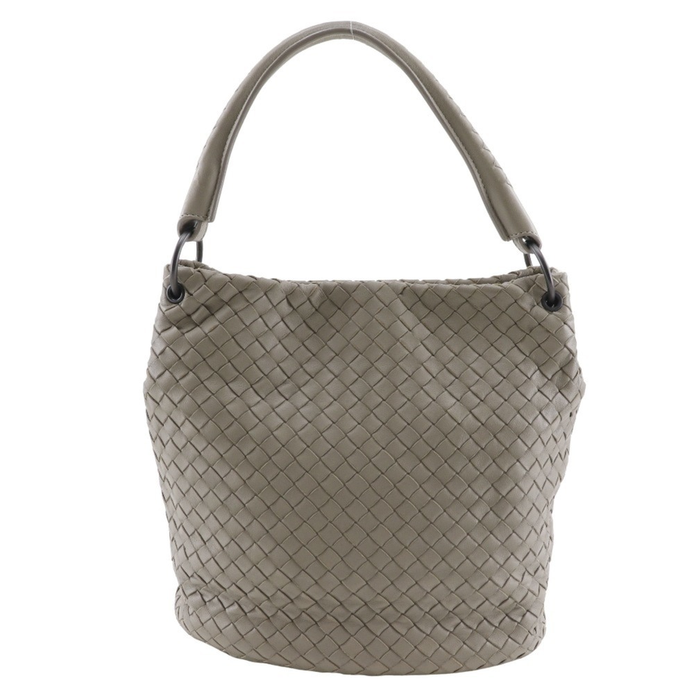 BOTTEGA VENETA Gray Lambskin Leather Intrecciato Shoulder Bag
